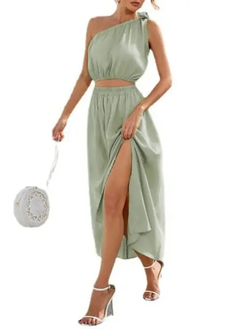 Fashion Slanted Shoulder Bow Knot Set Slit Large Swing Dress Two-Piece Set