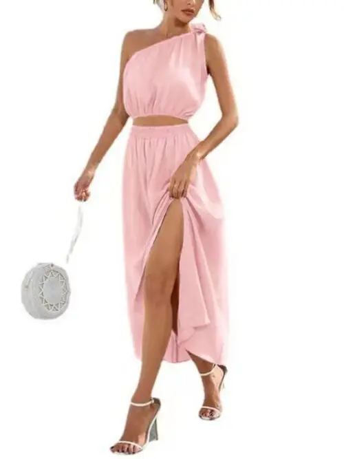 Fashion Slanted Shoulder Bow Knot Set Slit Large Swing Dress Two-Piece Set