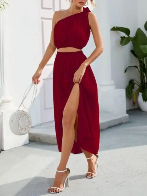 Fashion Slanted Shoulder Bow Knot Set Slit Large Swing Dress Two-Piece Set