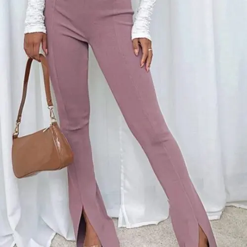 Stylish High-Waist Slim Flared Pants with Slit Detail in a Solid Color for Casual Comfort