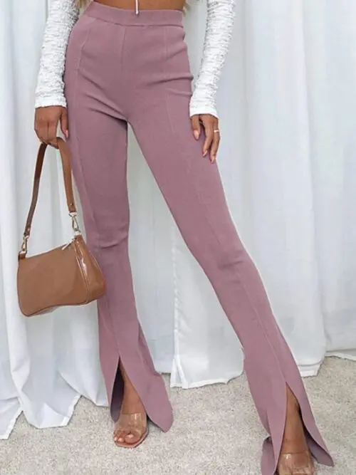 Stylish High-Waist Slim Flared Pants with Slit Detail in a Solid Color for Casual Comfort