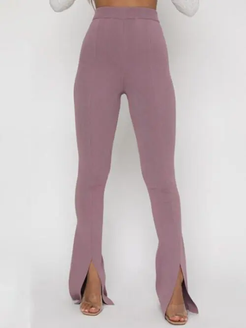 Stylish High-Waist Slim Flared Pants with Slit Detail in a Solid Color for Casual Comfort