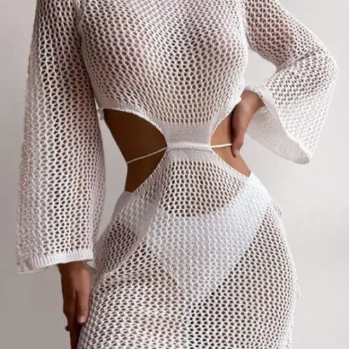 Solid Color Cutout Long Sleeve Open Knit Cover
