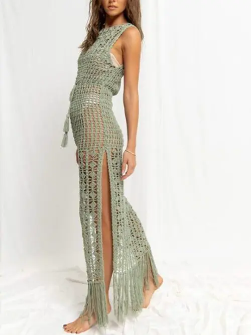 Hollow Lace Tassel Swimsuit Coat and Beach Long Dress