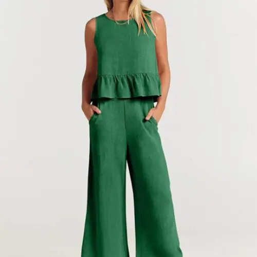 Elegant Sleeveless Pleated Vest with Wide-Leg Cropped Pants Casual Suit