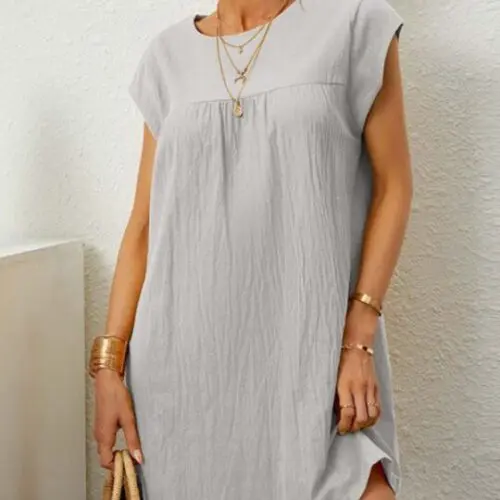Sleeveless Round Neck Solid Color Cotton Linen Dress