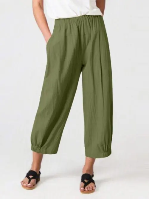 High-Waisted Woven Pants with Elastic Waist for Women’s Casual Wear