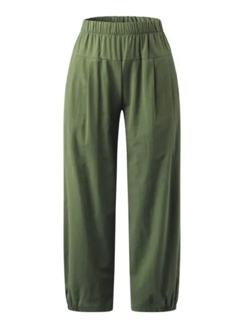 High-Waisted Woven Pants with Elastic Waist for Women’s Casual Wear