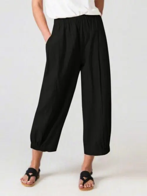 High-Waisted Woven Pants with Elastic Waist for Women’s Casual Wear