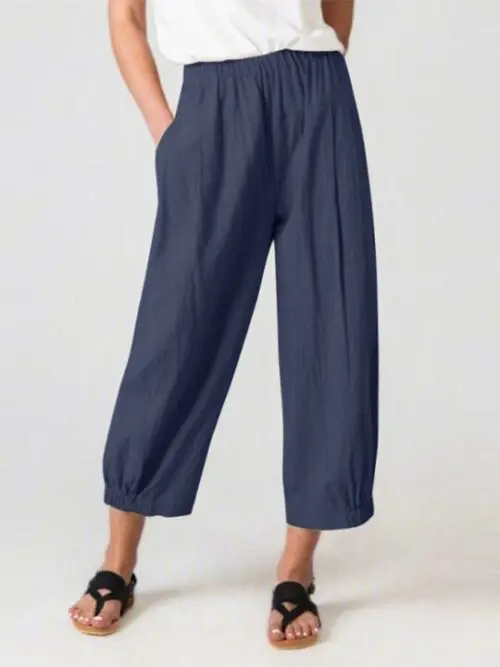 High-Waisted Woven Pants with Elastic Waist for Women’s Casual Wear