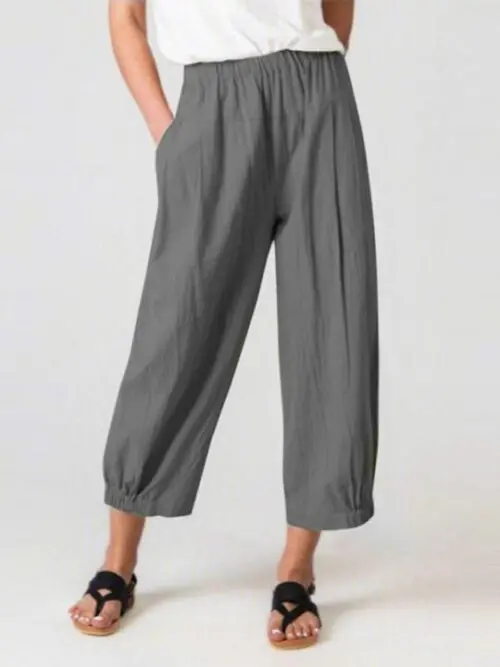 High-Waisted Woven Pants with Elastic Waist for Women’s Casual Wear
