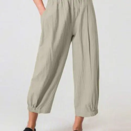 High-Waisted Woven Pants with Elastic Waist for Women’s Casual Wear