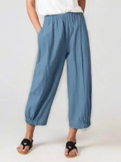 High-Waisted Woven Pants with Elastic Waist for Women’s Casual Wear
