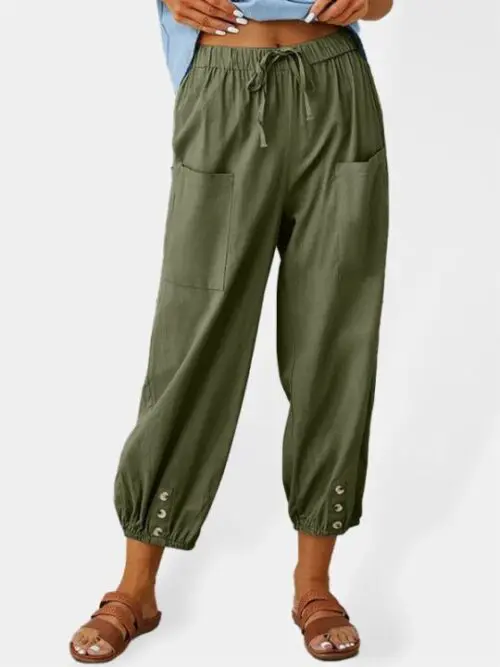 Loose High-Waisted Button-Down Cotton and Linen Cropped Wide-Leg Trousers