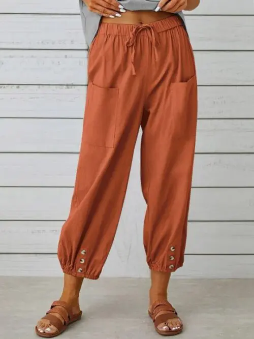 Loose High-Waisted Button-Down Cotton and Linen Cropped Wide-Leg Trousers