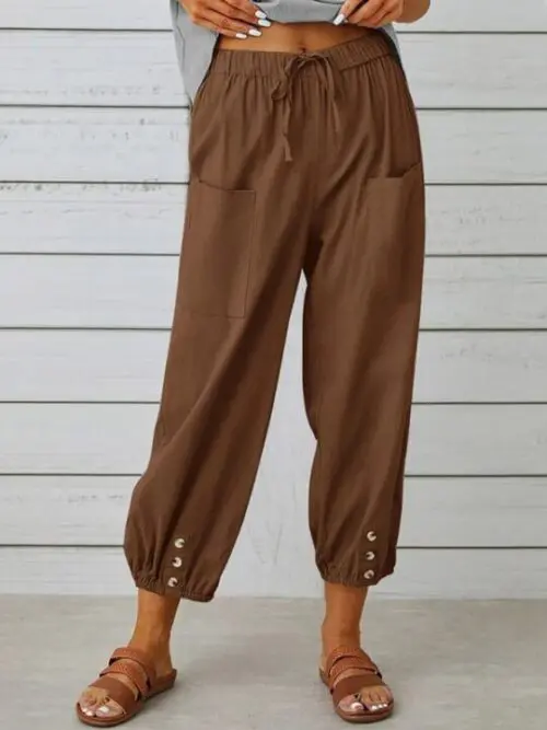 Loose High-Waisted Button-Down Cotton and Linen Cropped Wide-Leg Trousers