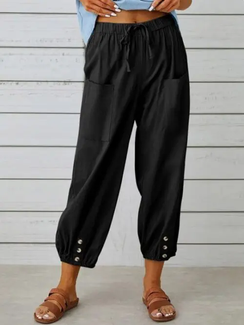 Loose High-Waisted Button-Down Cotton and Linen Cropped Wide-Leg Trousers