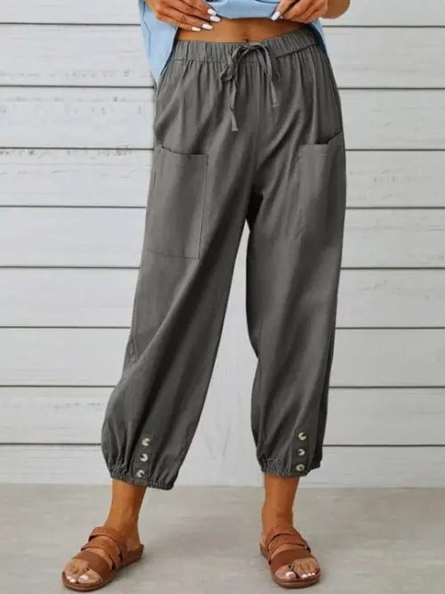 Loose High-Waisted Button-Down Cotton and Linen Cropped Wide-Leg Trousers