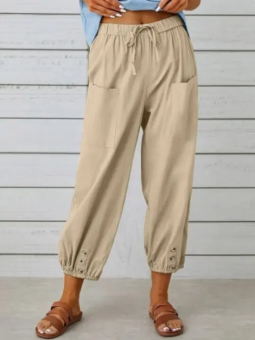 Loose High-Waisted Button-Down Cotton and Linen Cropped Wide-Leg Trousers