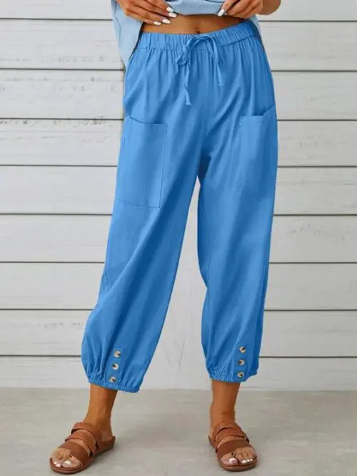 Loose High-Waisted Button-Down Cotton and Linen Cropped Wide-Leg Trousers