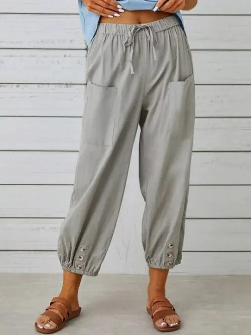 Loose High-Waisted Button-Down Cotton and Linen Cropped Wide-Leg Trousers
