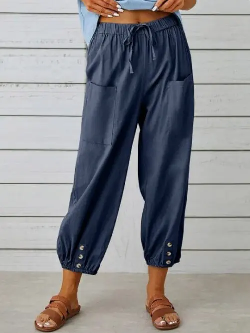 Loose High-Waisted Button-Down Cotton and Linen Cropped Wide-Leg Trousers