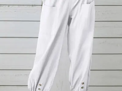 Loose High-Waisted Button-Down Cotton and Linen Cropped Wide-Leg Trousers