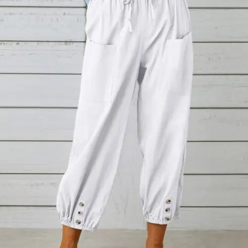 Loose High-Waisted Button-Down Cotton and Linen Cropped Wide-Leg Trousers