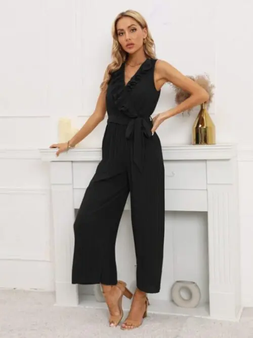 Sleeveless V-Neck Ruffle Lace Pleated Jumpsuit