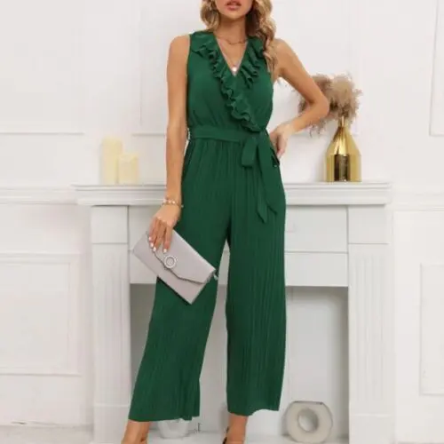 Sleeveless V-Neck Ruffle Lace Pleated Jumpsuit