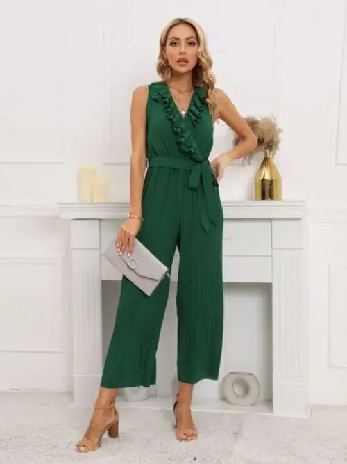 Sleeveless V-Neck Ruffle Lace Pleated Jumpsuit