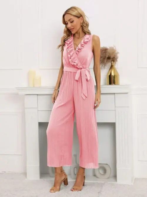 Sleeveless V-Neck Ruffle Lace Pleated Jumpsuit