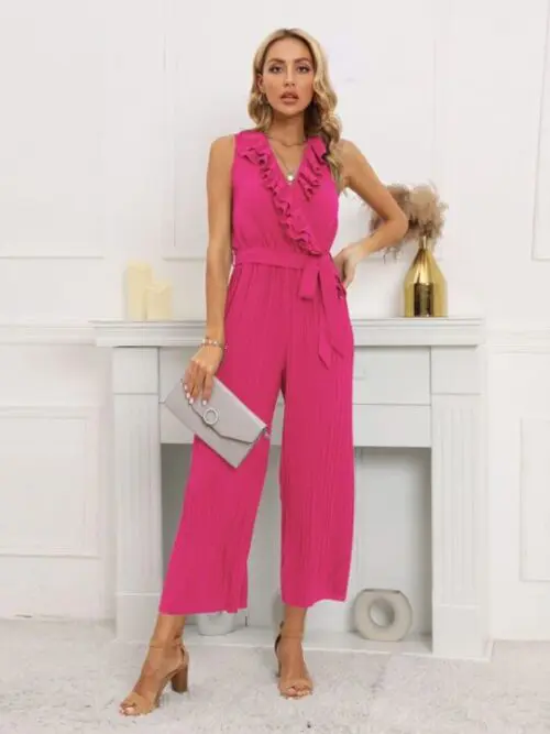 Sleeveless V-Neck Ruffle Lace Pleated Jumpsuit