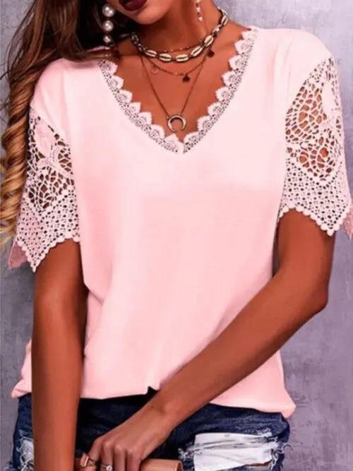 Loose V-Neck Short Sleeve Top with Elegant Lace Trim