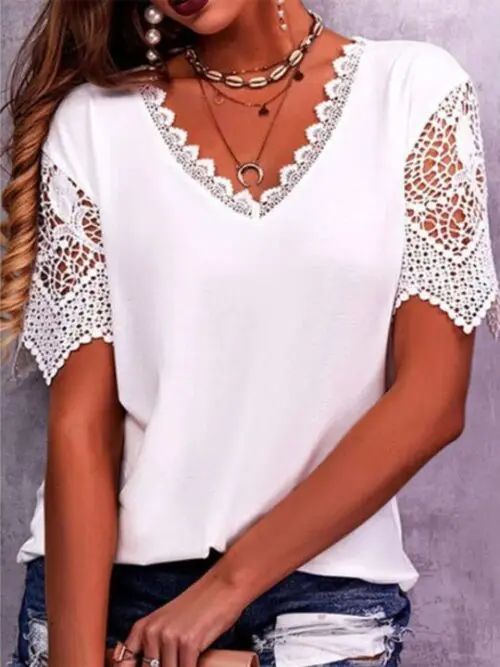 Loose V-Neck Short Sleeve Top with Elegant Lace Trim