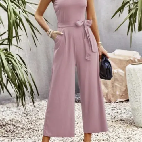 One-Shoulder Tie Solid Color Jumpsuit for Women