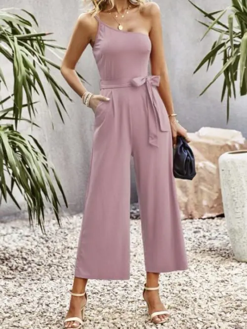 One-Shoulder Tie Solid Color Jumpsuit for Women