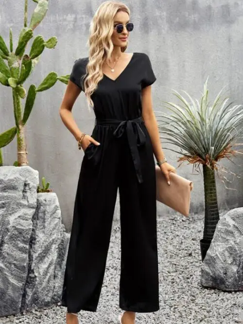 Elegant Solid Color V-Neck Jumpsuit