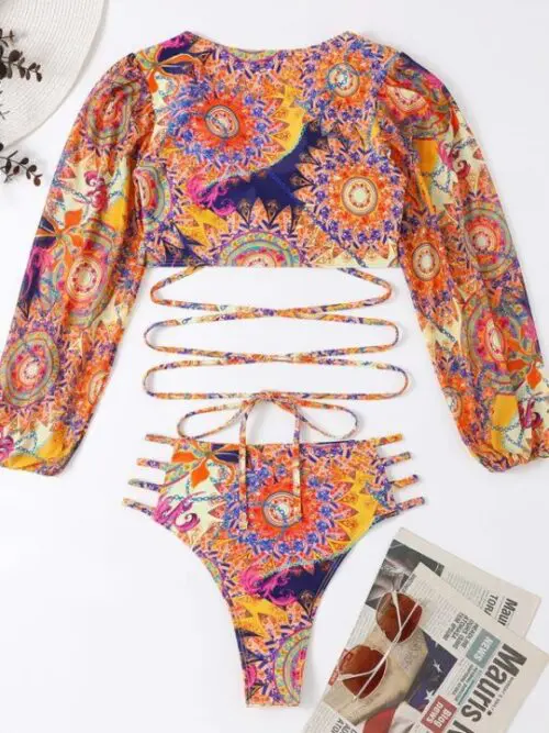Ethnic Printed Long Sleeve Bikini Set with Mesh Detail