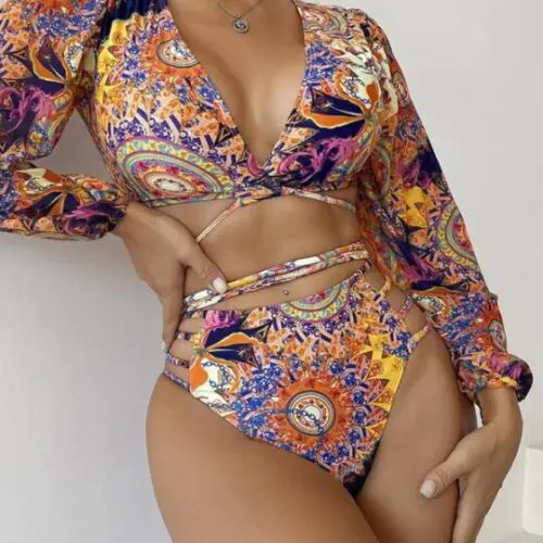 Ethnic Printed Long Sleeve Bikini Set with Mesh Detail