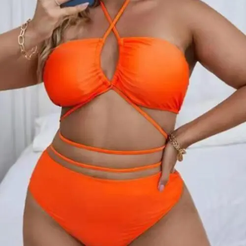 Plus Size Halter Backless Cross-Strap Bikini Set