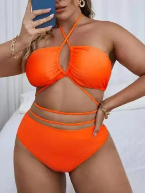 Plus Size Halter Backless Cross-Strap Bikini Set