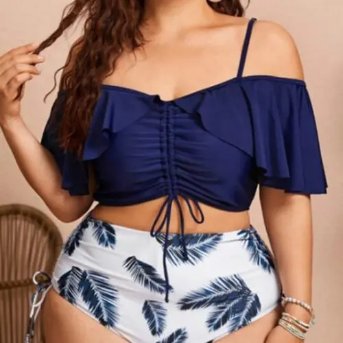 Plus Size Women-Drawstring Ruffle Bikini One Shoulder Strap High Waist Swimsuit Set
