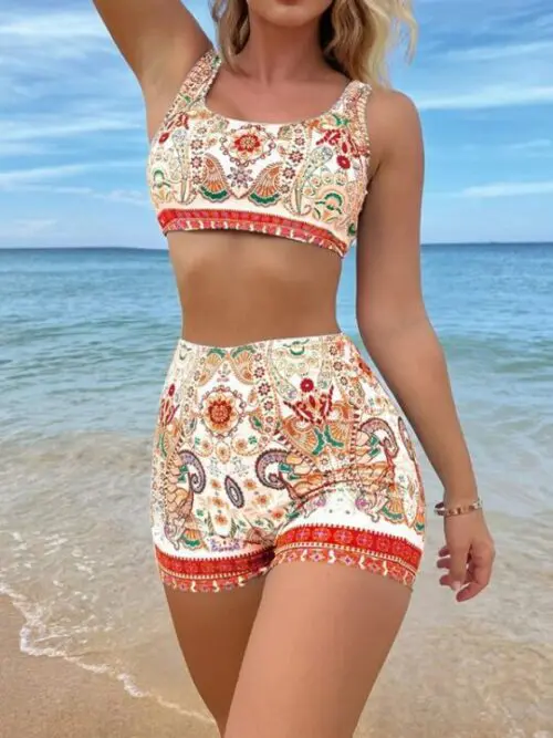 Boho-Inspired Ethnic Print Two-Piece Swimsuit Set