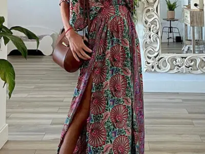 V-Neck Short Sleeve Loose Bohemian Print Midi Dress