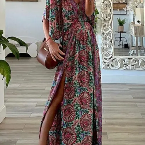 V-Neck Short Sleeve Loose Bohemian Print Midi Dress
