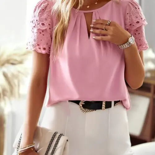 Elegant Short-Sleeved Top with Lace Sleeve Details