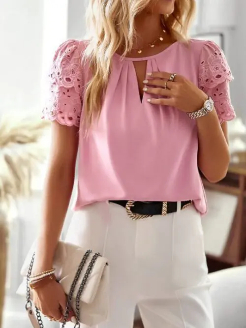 Elegant Short-Sleeved Top with Lace Sleeve Details