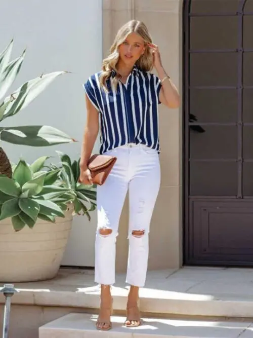 Chic Striped Short Sleeve Lapel Shirt | Woven Casual Style Button-Down
