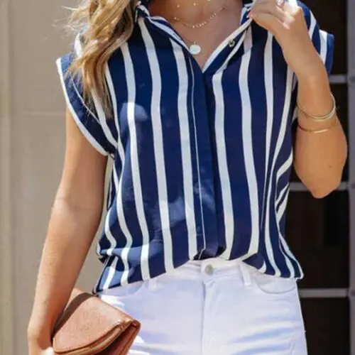 Chic Striped Short Sleeve Lapel Shirt | Woven Casual Style Button-Down